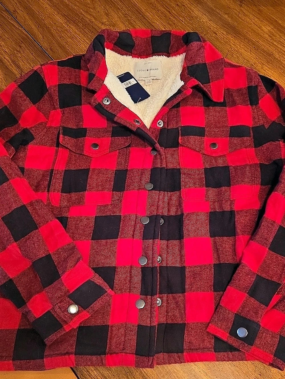 Lucky Brand Plaid Flannel Sherpa Lined Shacket Red & Black Small
